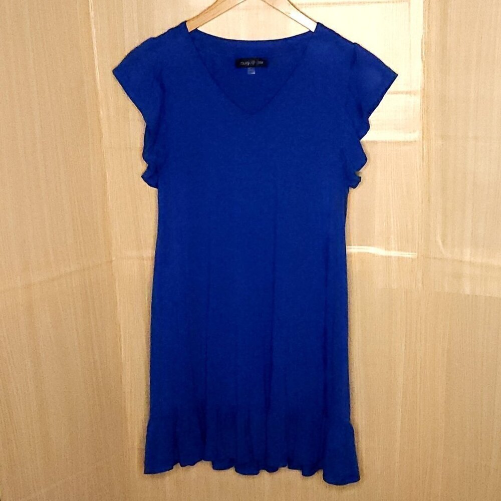 August Silk Blue Stretchy Shirt Dress With Flutter Sleeve Medium